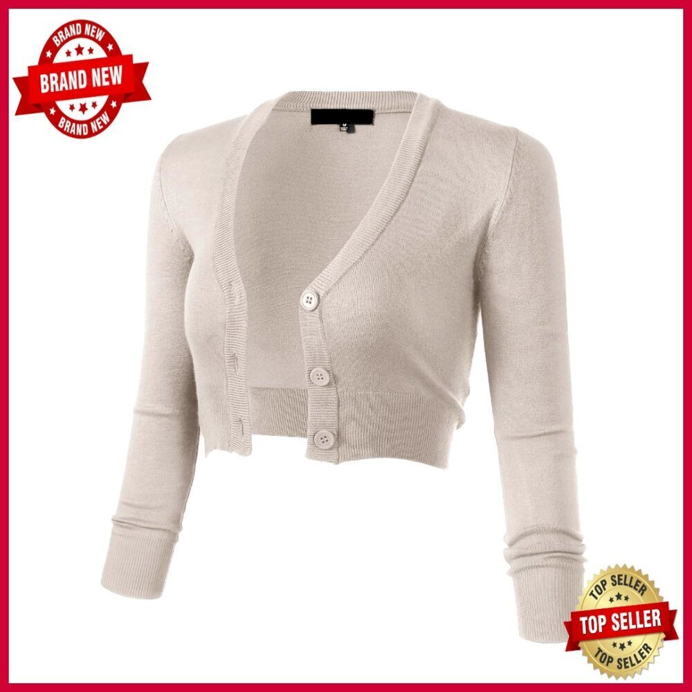 Lightweight Knit 3/4 Sleeve Cropped Bolero Shrug Cardigan Button Down